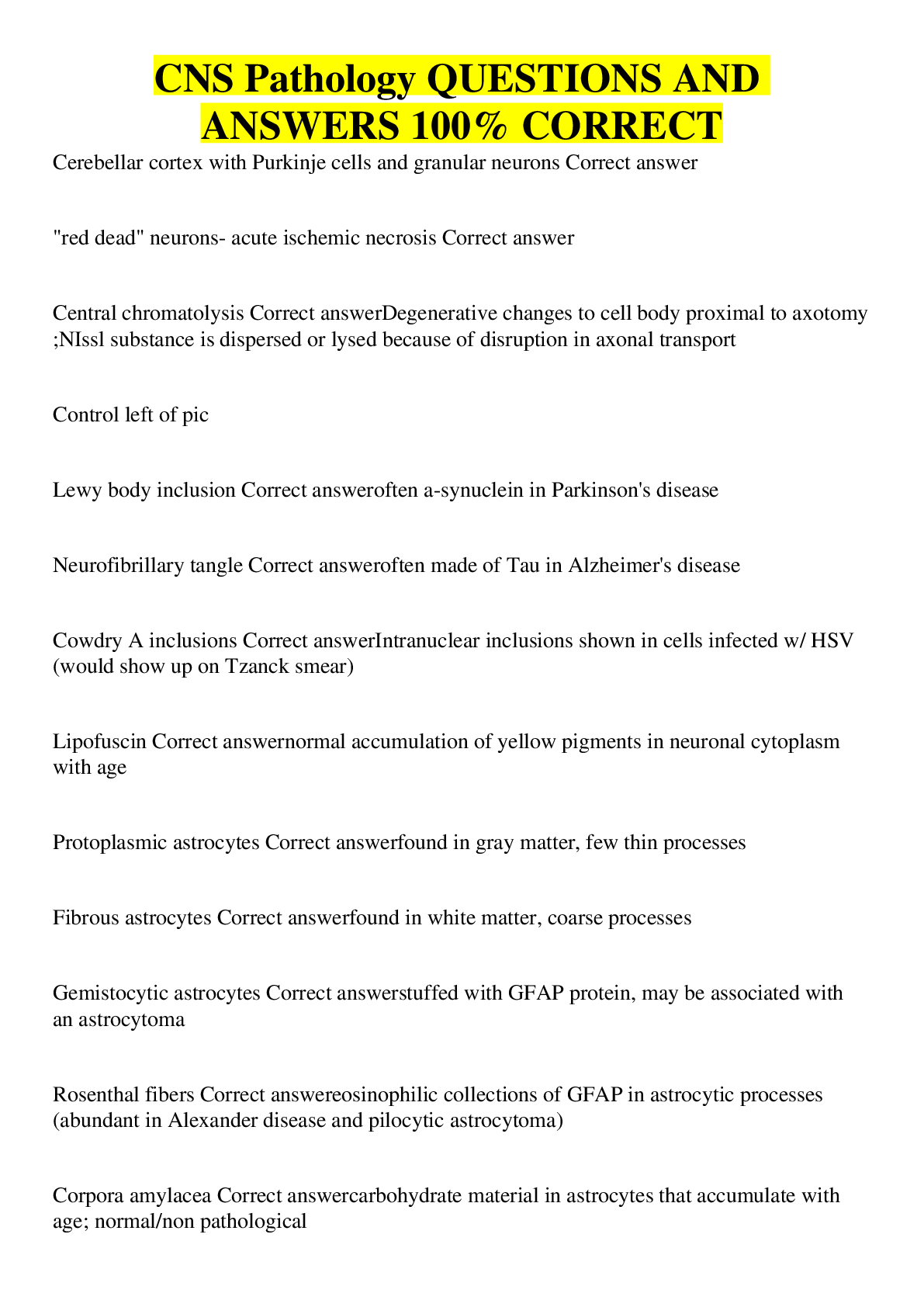 Preview image for CNS Pathology QUESTIONS AND ANSWERS 100% CORRECT